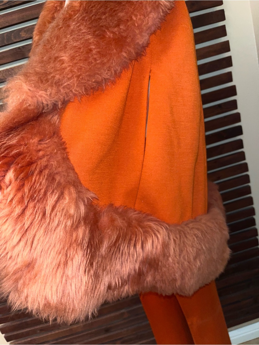 2 PC 1970s Vintage Orange Faux Fur Cape Coat & Matching High Waist Slacks Pants - Picture 6 of 16